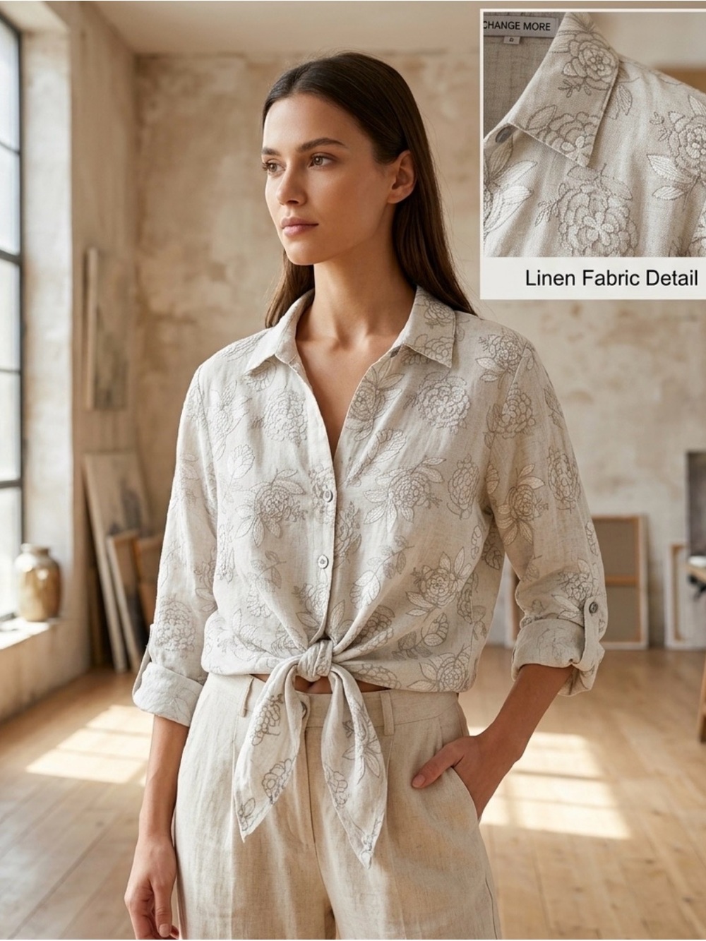 100% linen Women's Beige Floral Button-Down Shirt with Tie Front
